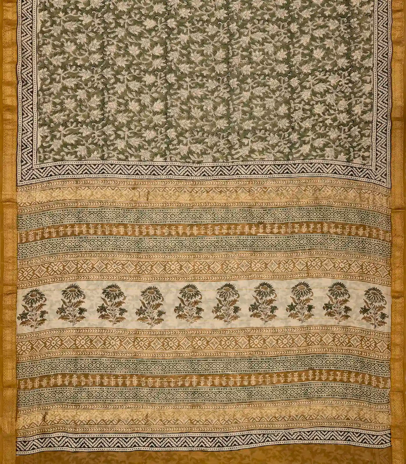 Green Handloom Chanderi Cotton Saree With Printed Floral Motifs