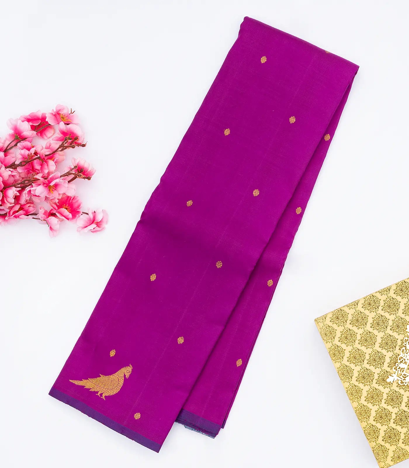 Pink Handloom Kanchipuram Silk Saree With Floral & Bird Buttas