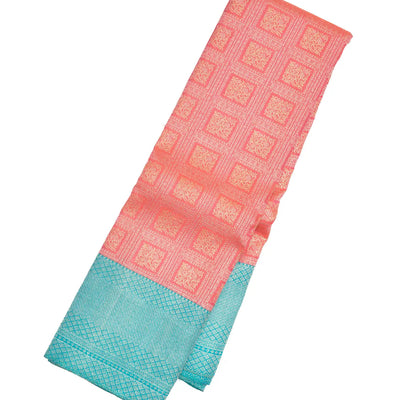 Peach Handloom Kanchipuram Korvai Silk Saree With Turquoise Border