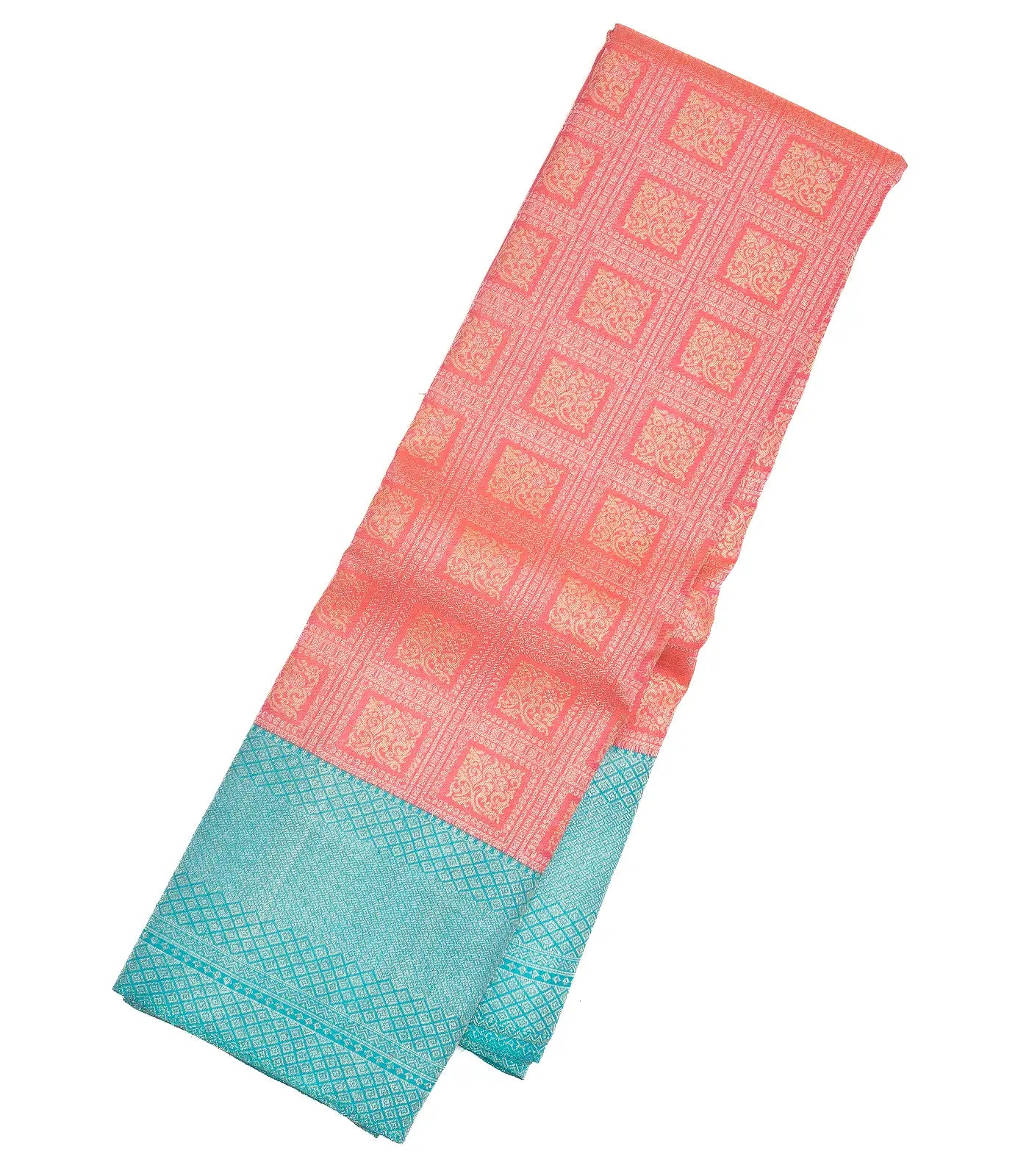 Peach Handloom Kanchipuram Korvai Silk Saree With Turquoise Border
