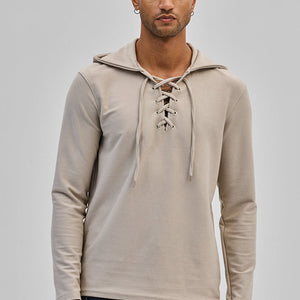 Beige Lace-Up Textured Hoodie