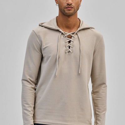Beige Lace-Up Textured Hoodie
