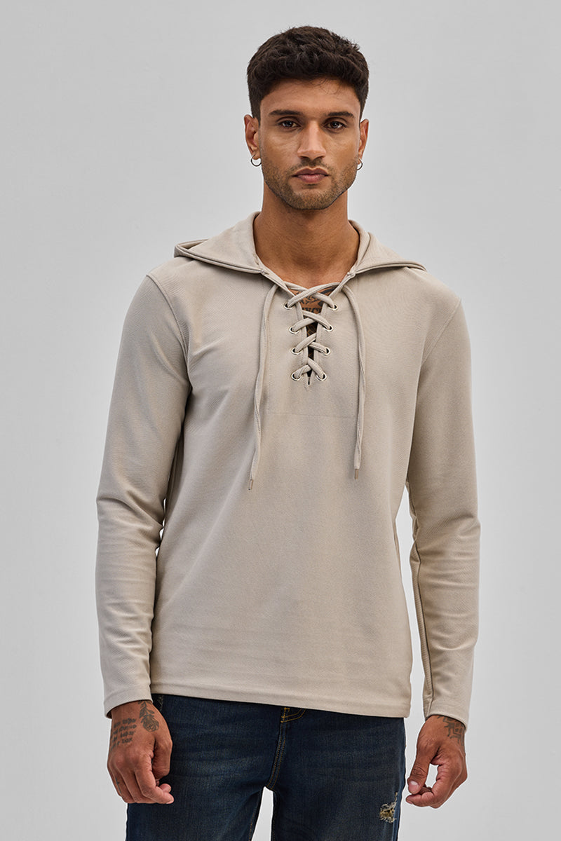 Beige Lace-Up Textured Hoodie