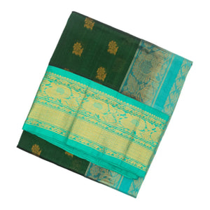 Dark Green Handloom Silk Cotton Saree With Floral Buttas