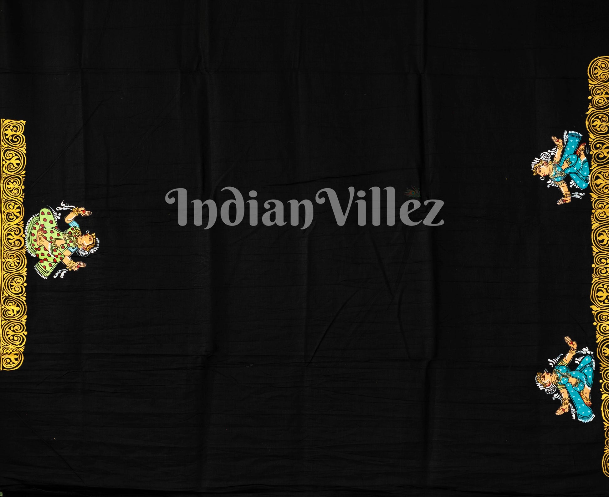 Black Radha Krishna Hand-Painted Pattachitra Saree (Pre Order)