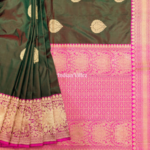 Bottle Green Maroon Dual Tone Designer Banarasi Katan Silk Saree