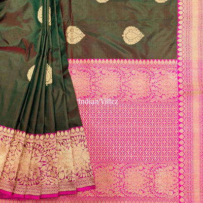 Bottle Green Maroon Dual Tone Designer Banarasi Katan Silk Saree