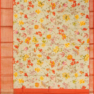 Taupe Woven Chiniya Silk Saree Digital Printed With Floral Motifs