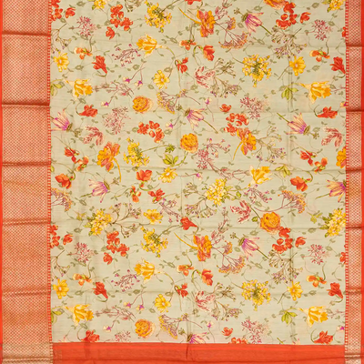 Taupe Woven Chiniya Silk Saree Digital Printed With Floral Motifs