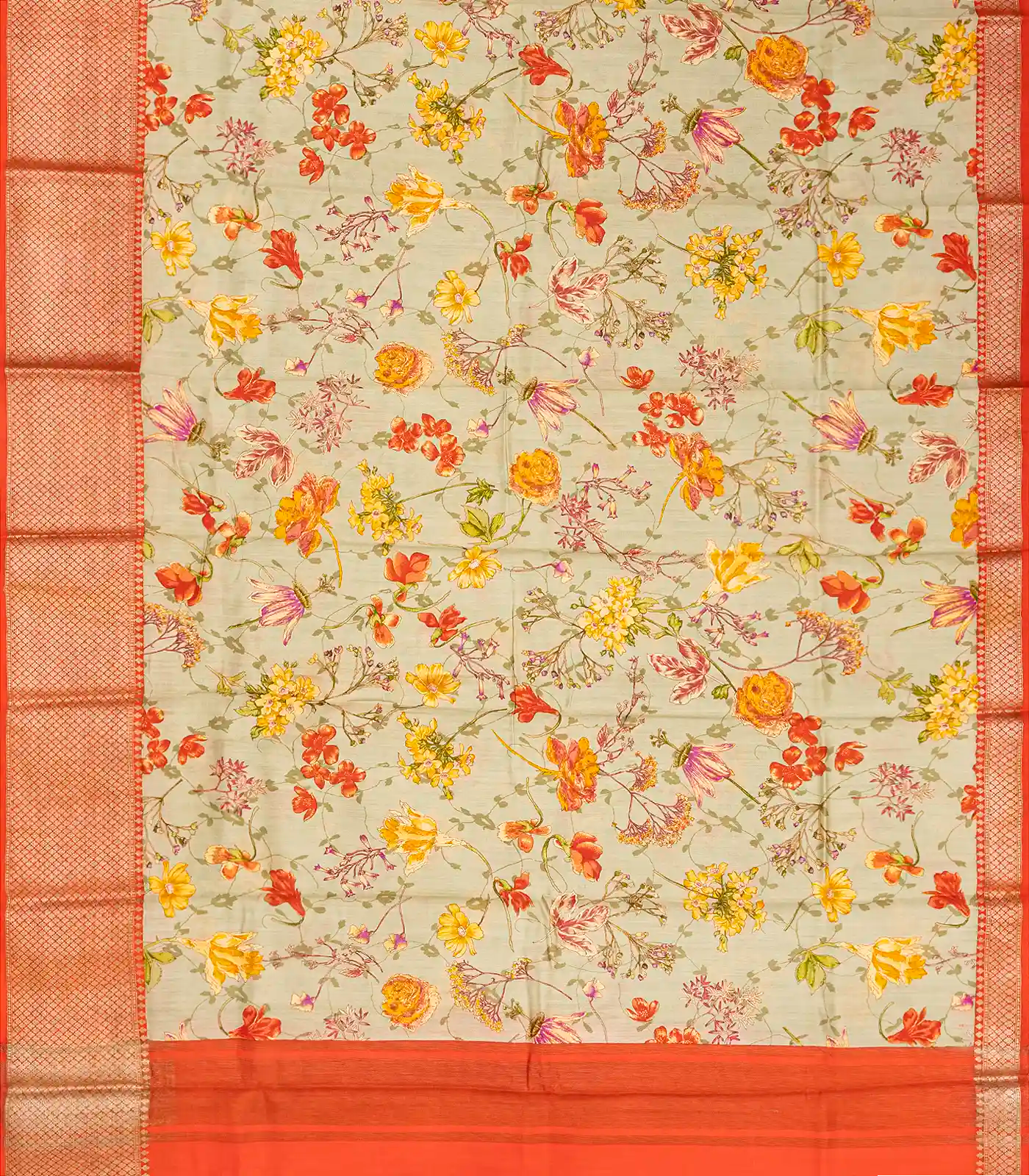 Taupe Woven Chiniya Silk Saree Digital Printed With Floral Motifs