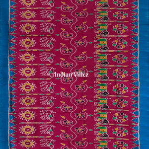 Pink Sky Blue Flower and Elephant Contemporary Odisha Ikat Silk Saree
