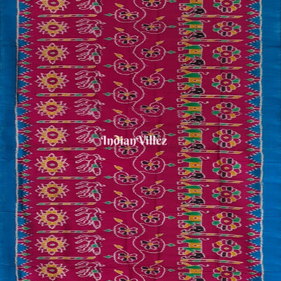 Pink Sky Blue Flower and Elephant Contemporary Odisha Ikat Silk Saree