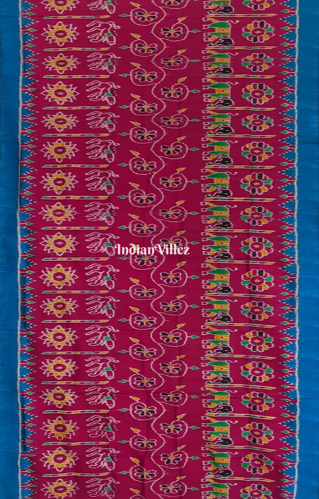 Pink Sky Blue Flower and Elephant Contemporary Odisha Ikat Silk Saree