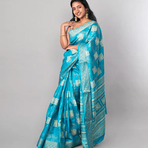 Sky Blue Woven Dola Synthetic Saree With Floral Motifs