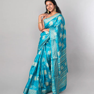 Sky Blue Woven Dola Synthetic Saree With Floral Motifs