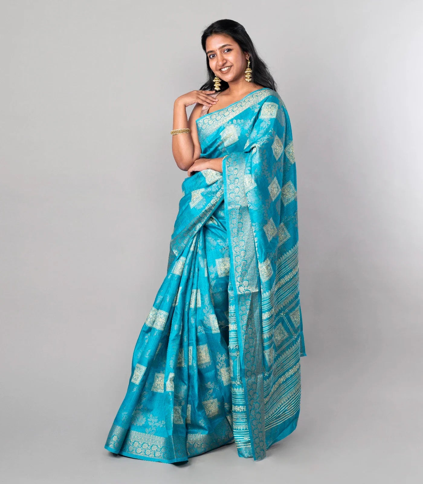 Sky Blue Woven Dola Synthetic Saree With Floral Motifs