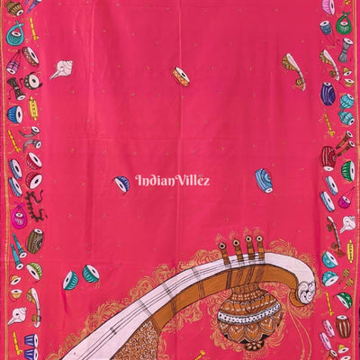 Neon Pink Veena Design Hand-Painted Pattachitra Saree