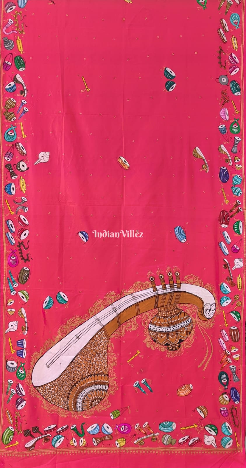 Neon Pink Veena Design Hand-Painted Pattachitra Saree