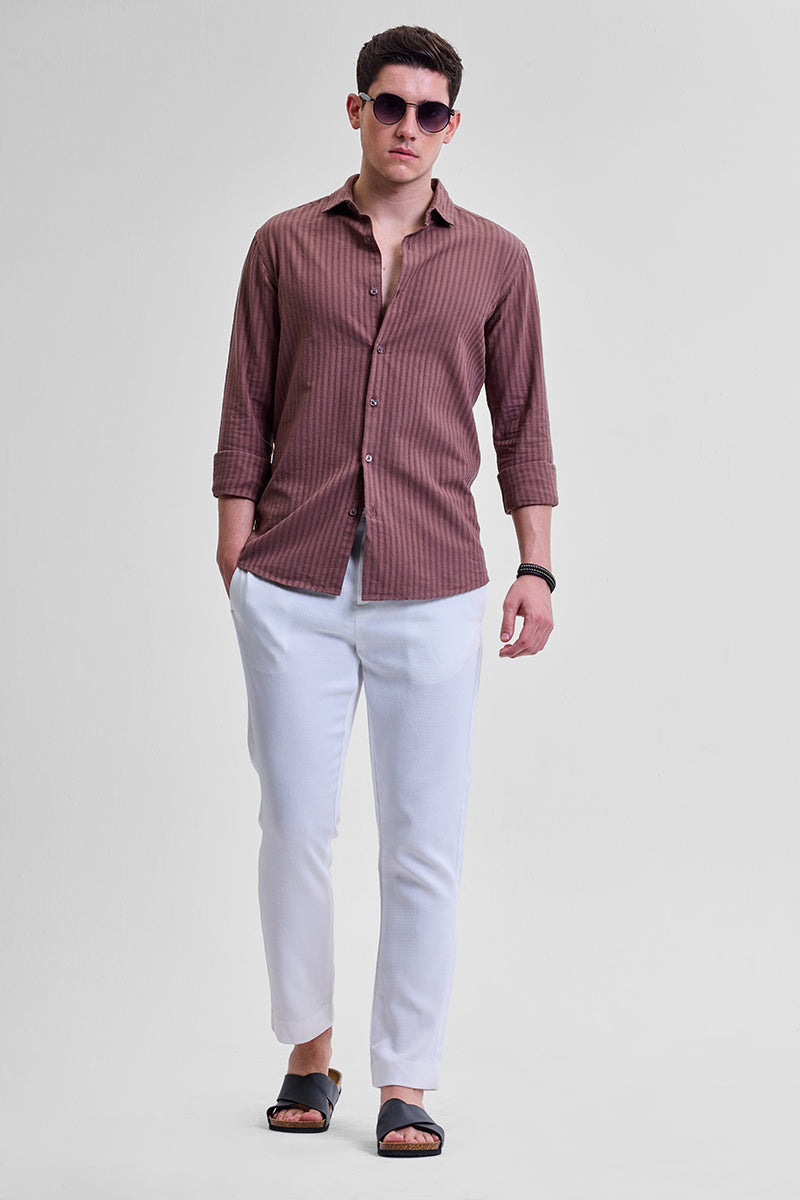 White Self-Design Slim Fit Trousers