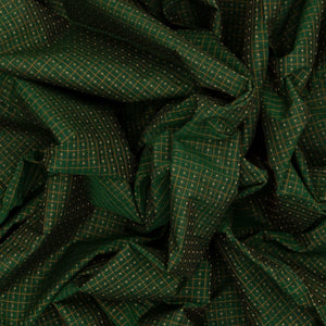 Dark Green Handloom Kanchi Cotton Saree With Checks & Square Motifs