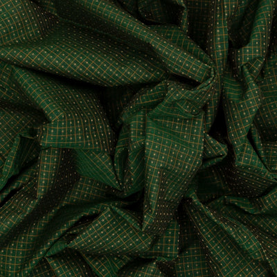 Dark Green Handloom Kanchi Cotton Saree With Checks & Square Motifs
