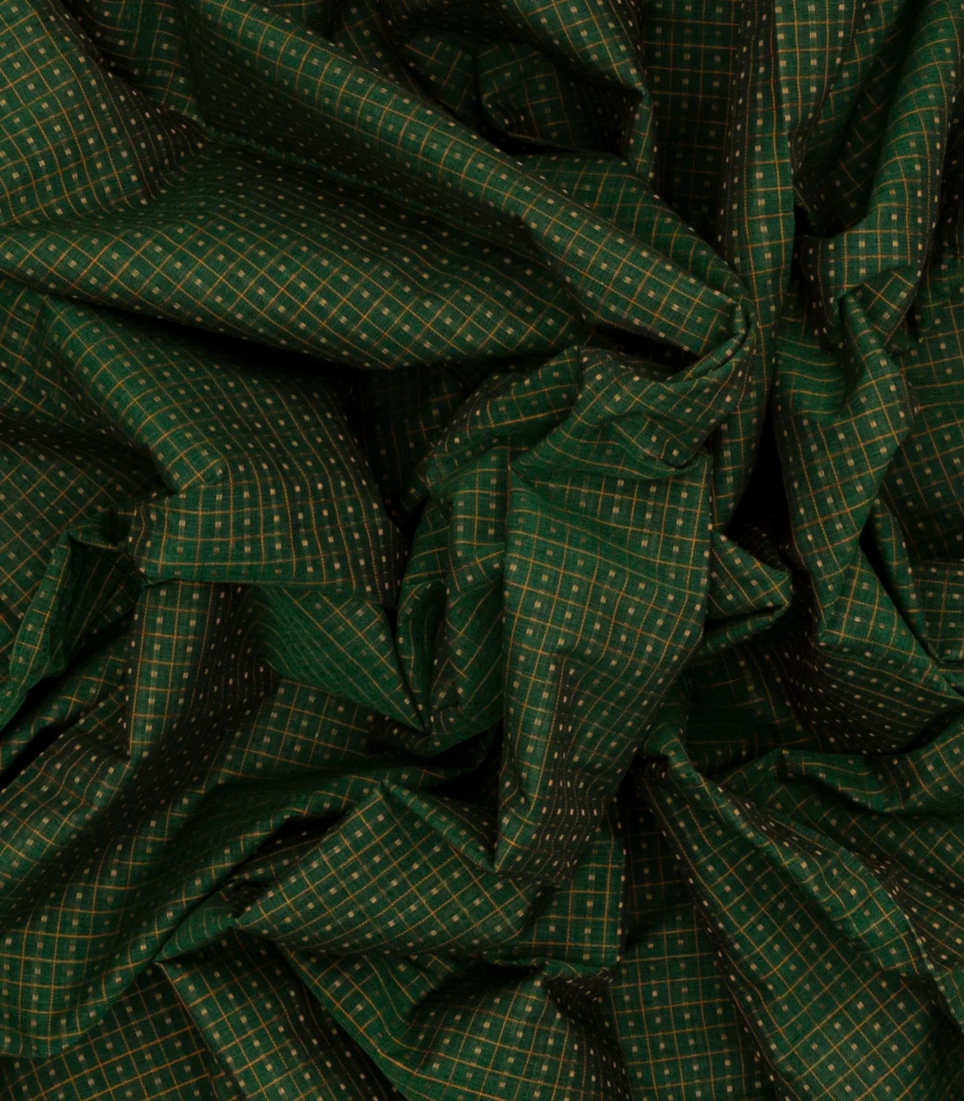 Dark Green Handloom Kanchi Cotton Saree With Checks & Square Motifs