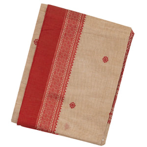 Taupe Handloom Bengal Cotton Saree With Red Border