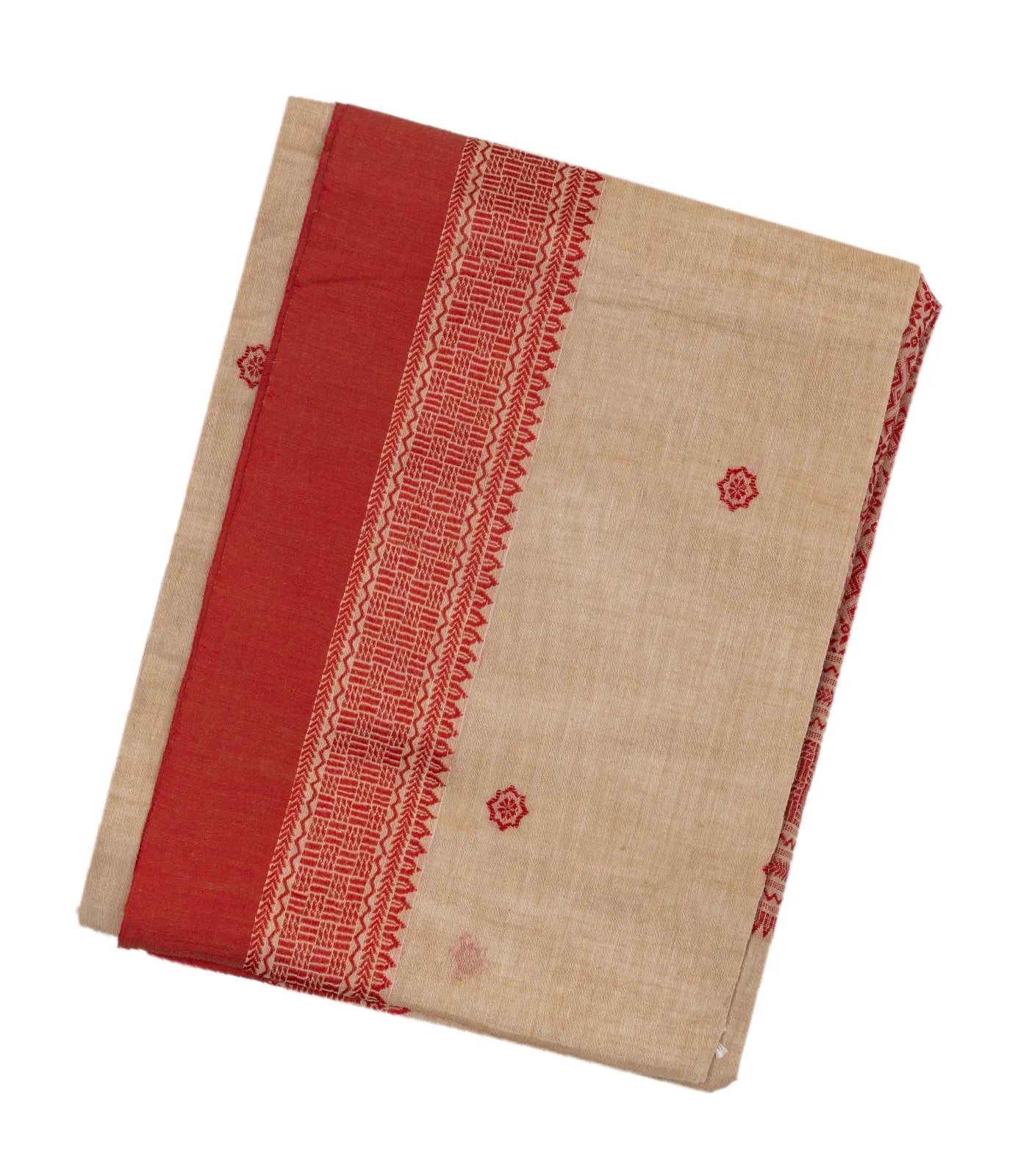 Taupe Handloom Bengal Cotton Saree With Red Border