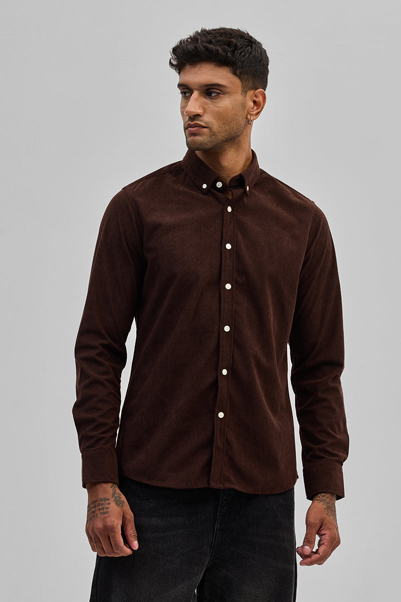 Dark Brown Slim Fit Corduroy Shirt