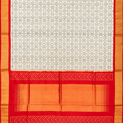 White Handloom Ikat Silk Saree With Contrast Red Border