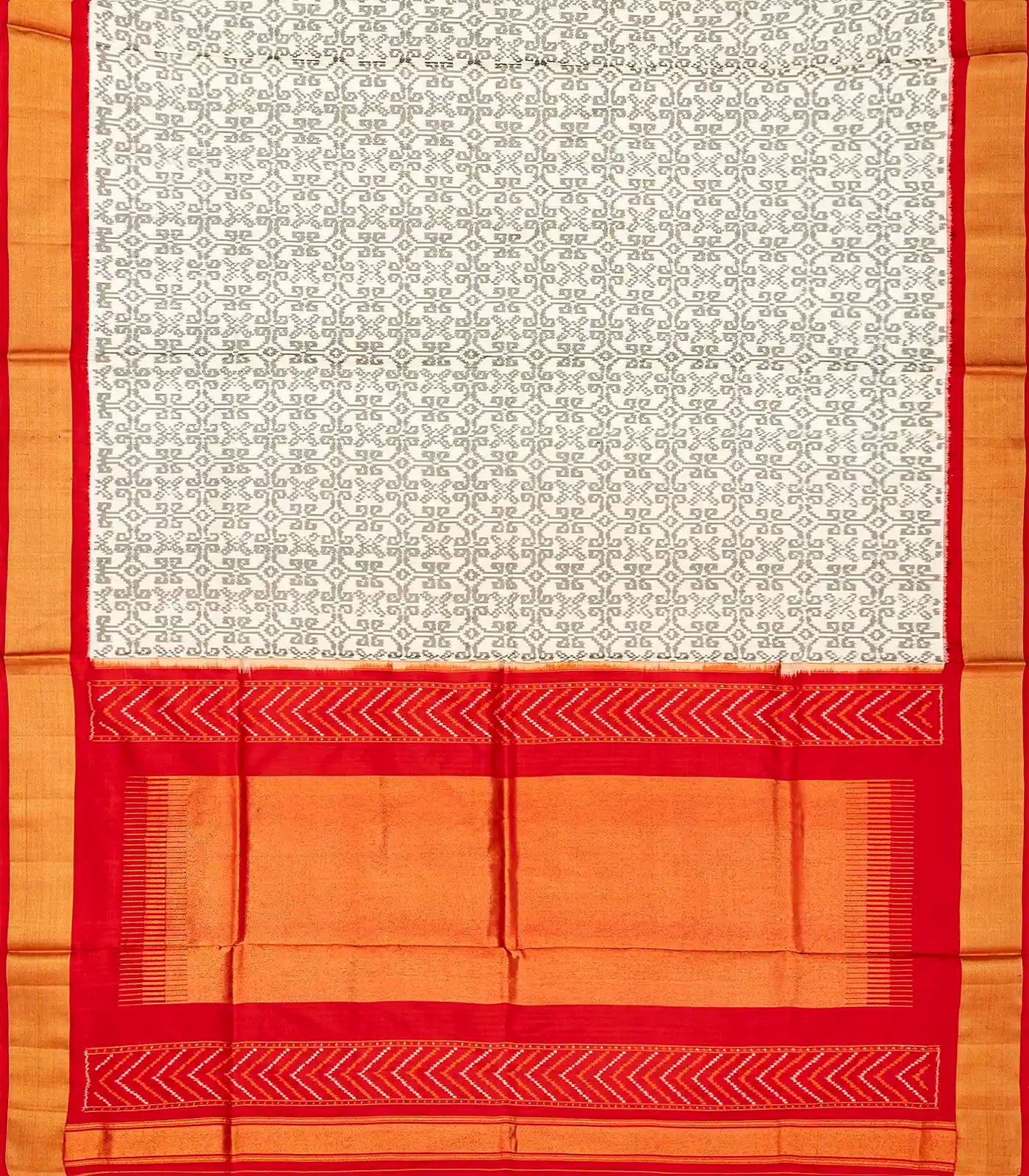 White Handloom Ikat Silk Saree With Contrast Red Border