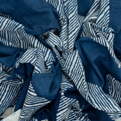 Indigo Woven Jaipur Cotton Saree Printed With White Diagonal Stripes