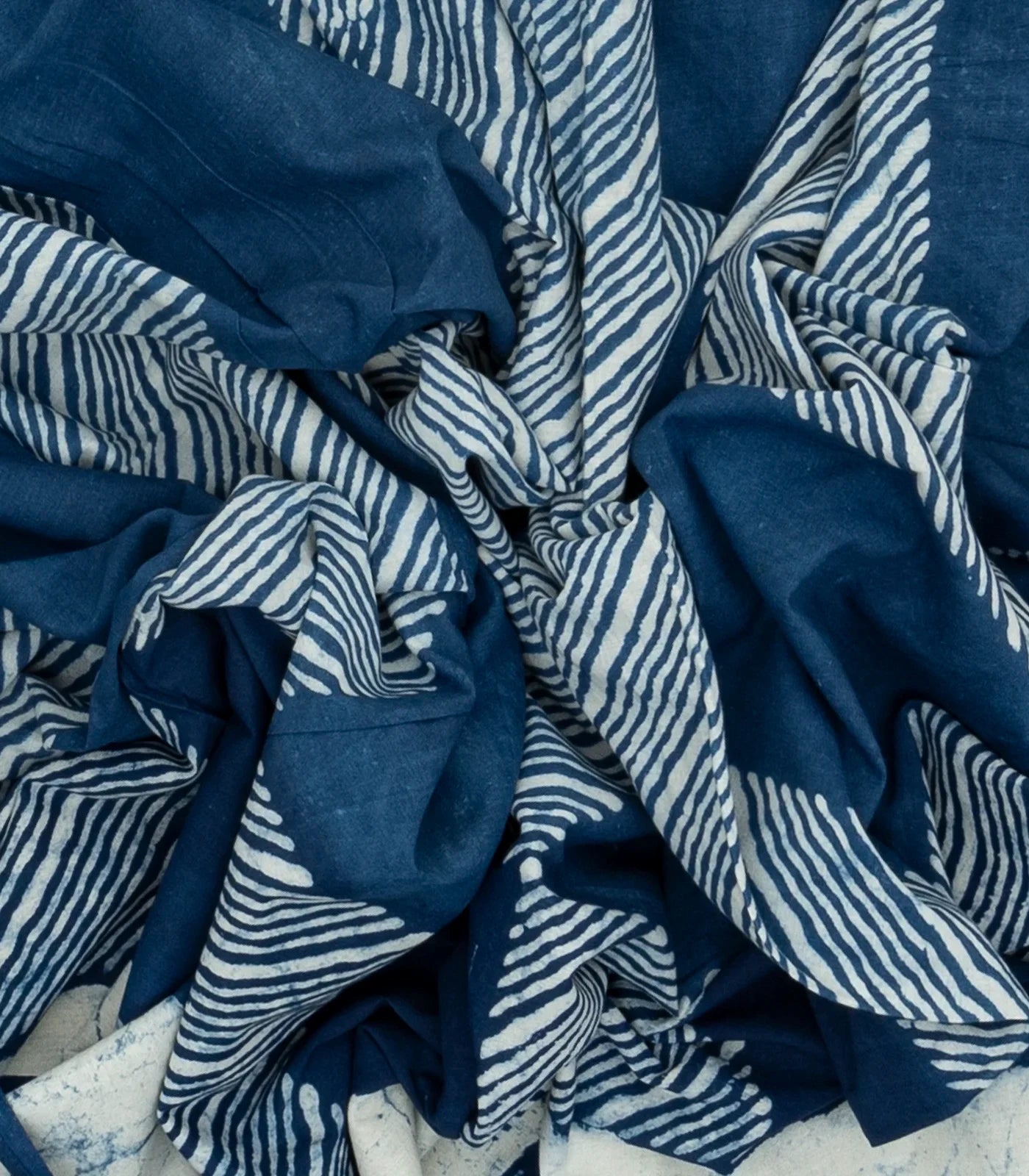 Indigo Woven Jaipur Cotton Saree Printed With White Diagonal Stripes