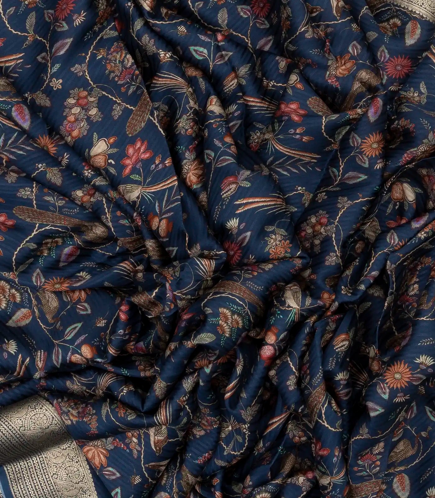 Navy Blue Printed Georgette Silk Saree With Bird Motifs