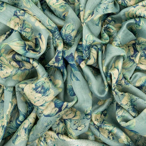 Steel Blue Handloom Tussar Silk Saree Printed With Floral Motifs & Zari Border