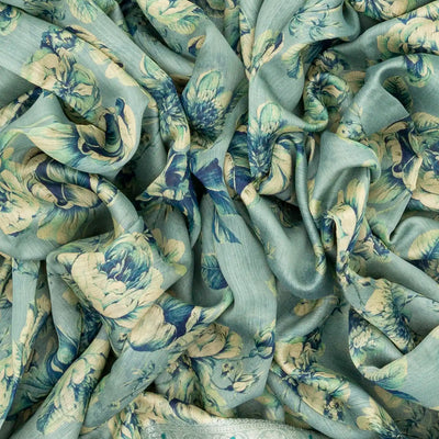 Steel Blue Handloom Tussar Silk Saree Printed With Floral Motifs & Zari Border