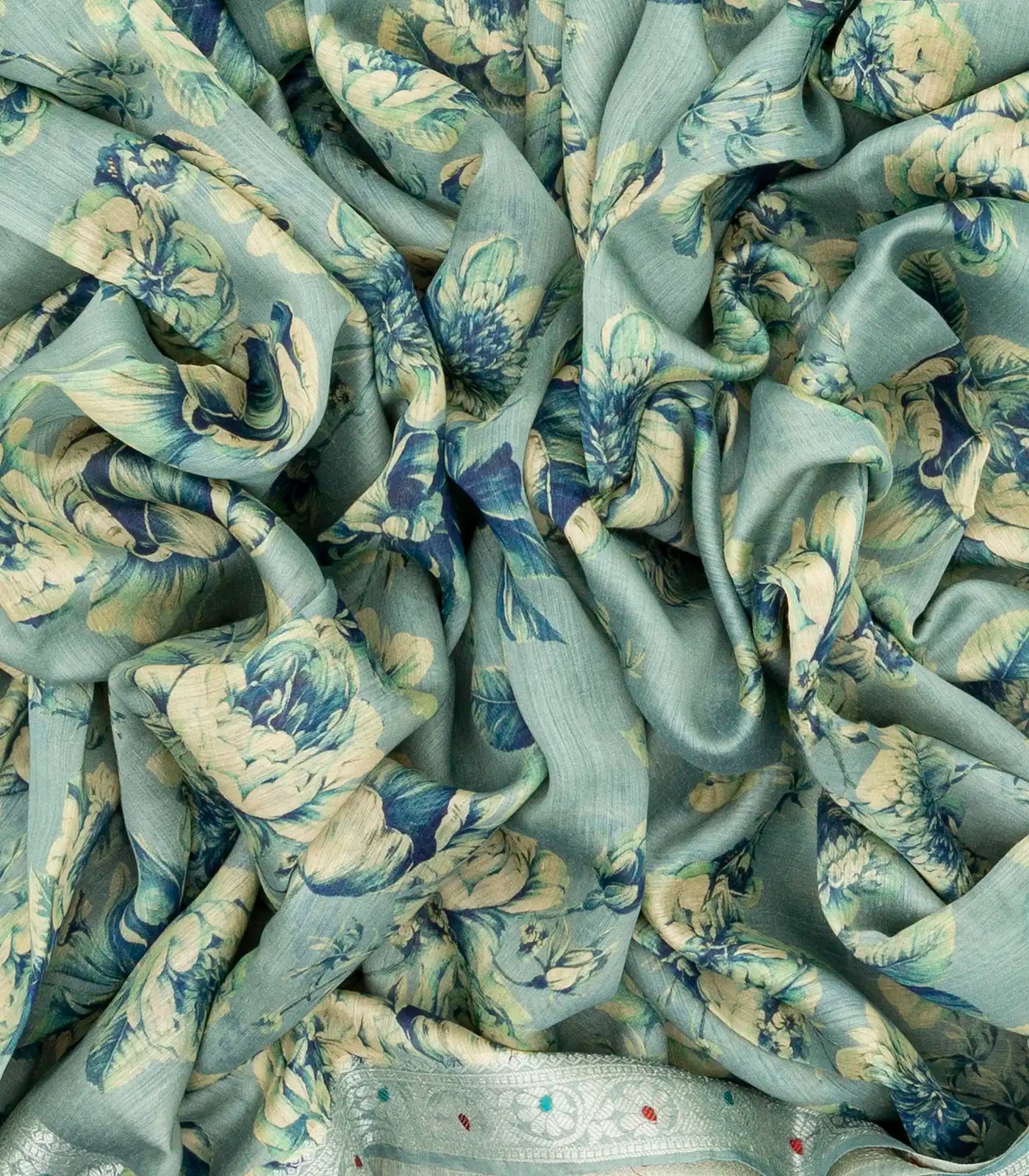 Steel Blue Handloom Tussar Silk Saree Printed With Floral Motifs & Zari Border