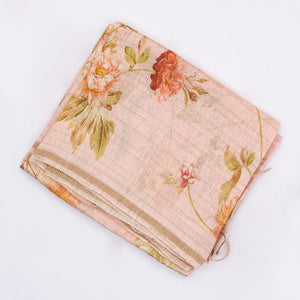 Baby Pink Handloom Linen Saree With Printed Floral Motifs & Stripes