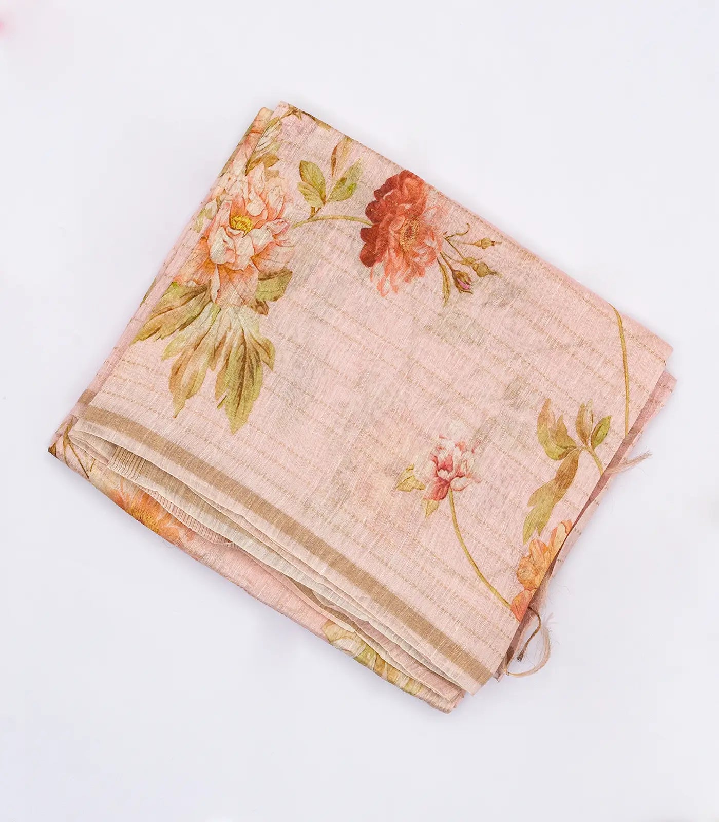 Baby Pink Handloom Linen Saree With Printed Floral Motifs & Stripes