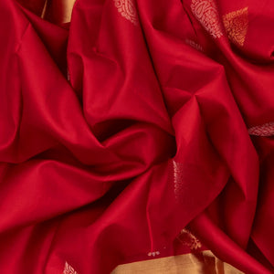 Red Silk Saree With Floral Buttas & Purple Border