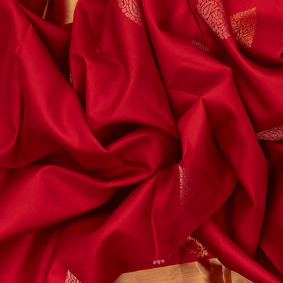 Red Silk Saree With Floral Buttas & Purple Border
