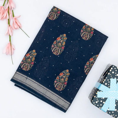 Navy Blue Handloom Tussar Silk Saree Printed With Floral Motifs