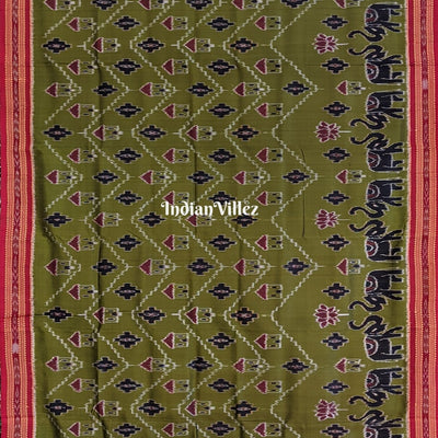 Jungle Green Tribal Elephant Odisha Ikat Khandua Silk Saree