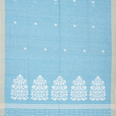 Light Blue Handloom Bengal Cotton Saree With Mango Buttas