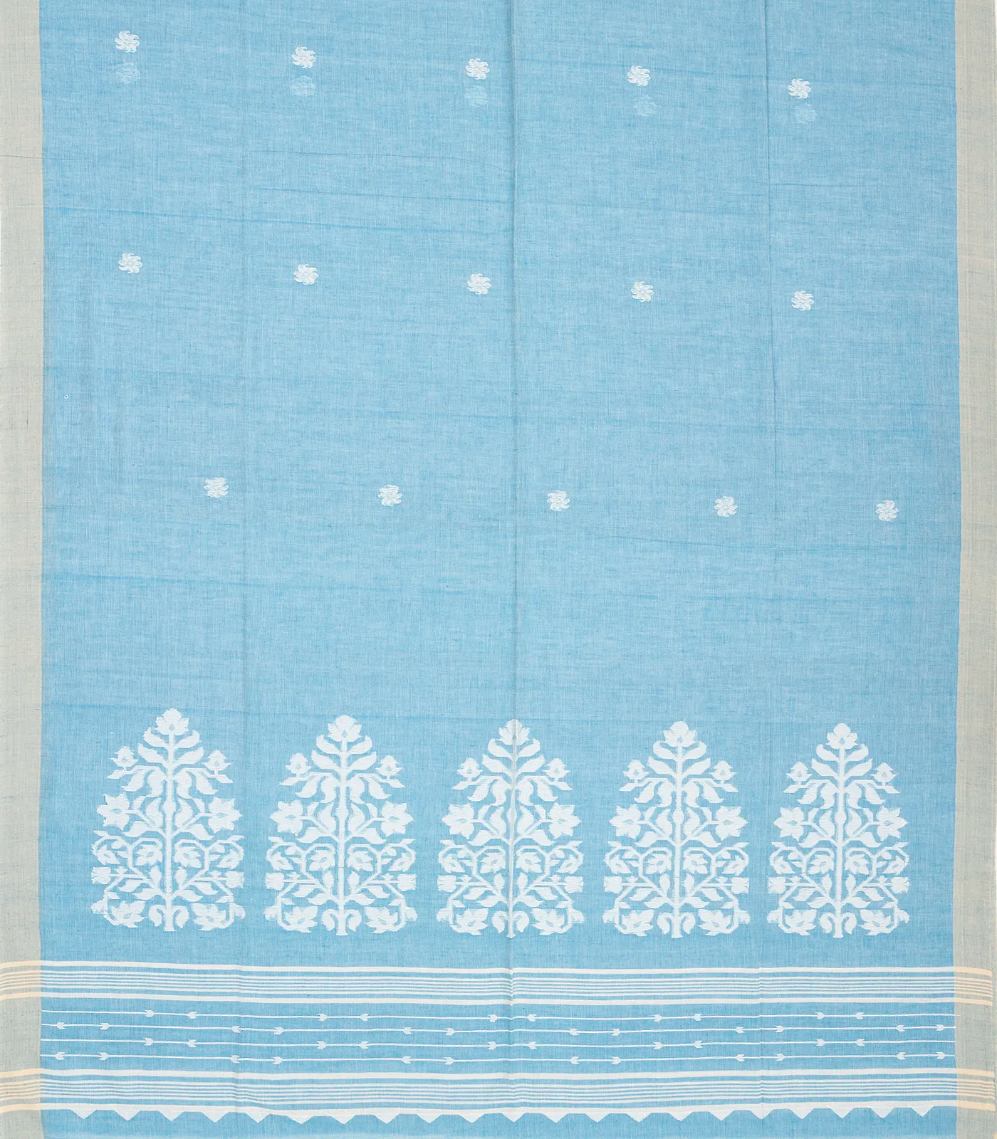 Light Blue Handloom Bengal Cotton Saree With Mango Buttas