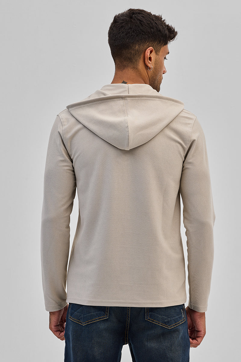 Beige Lace-Up Textured Hoodie