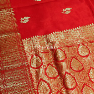 Red Leaf Motif Designer Katan Silk Banarasi Saree