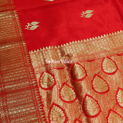Red Leaf Motif Designer Katan Silk Banarasi Saree