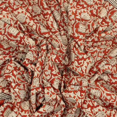 Rust Woven Jaipur Cotton Saree Printed With Floral Motifs
