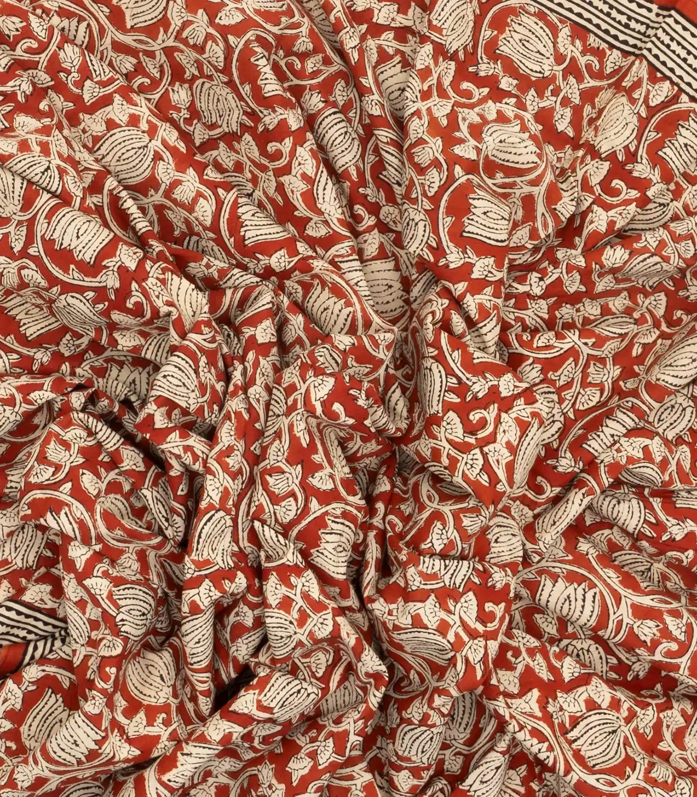 Rust Woven Jaipur Cotton Saree Printed With Floral Motifs